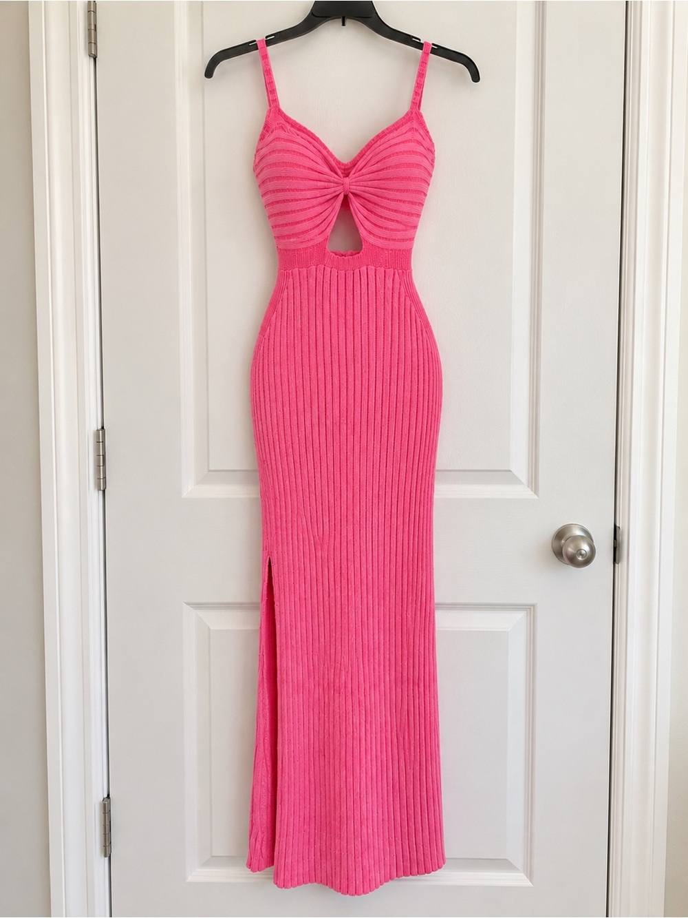Women's Hot Pink Ribbed Knit Maxi Dress with Cutout